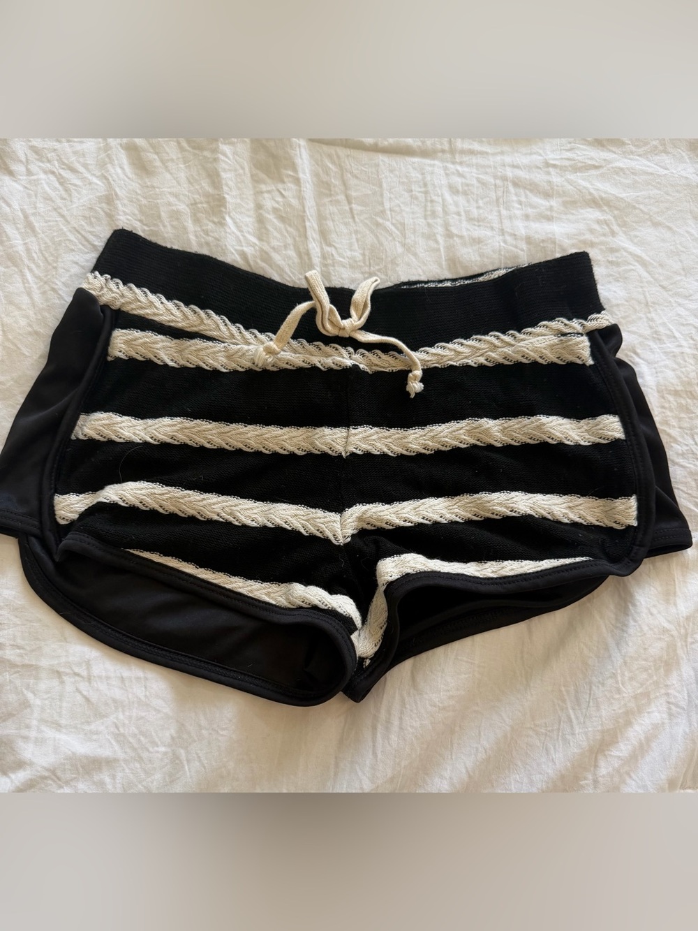 Woodleigh Striped Black Retro Shorts with Contrast Cream Knit Trim